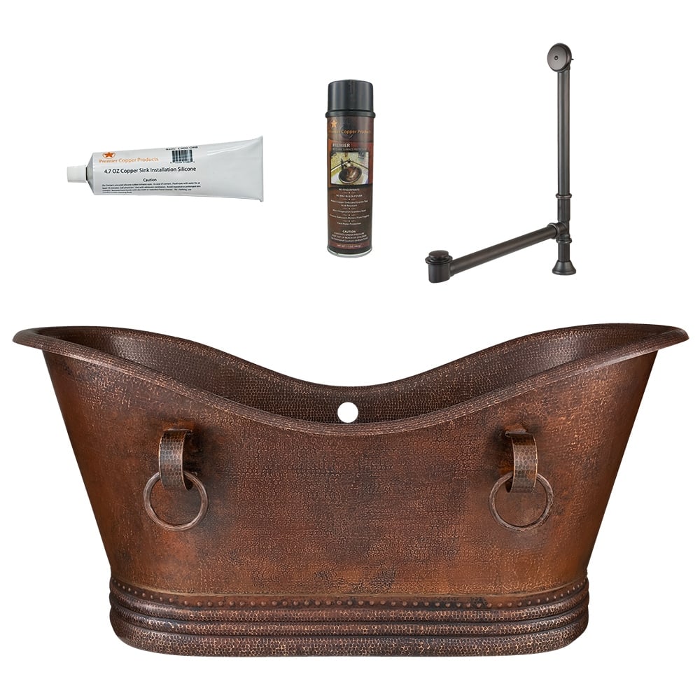 67" Hammered Copper Double Slipper Bathtub with Rings and Overflow Holes and Drain Package