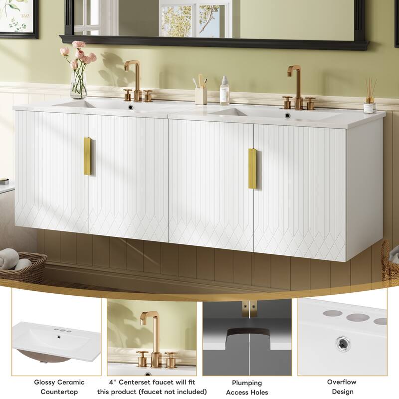 60"Vanity With Ceramic Sink,With 3 Holes Single Ceramic Sink,Storage Vanity Cabinet With 2 Soft Closing Doors