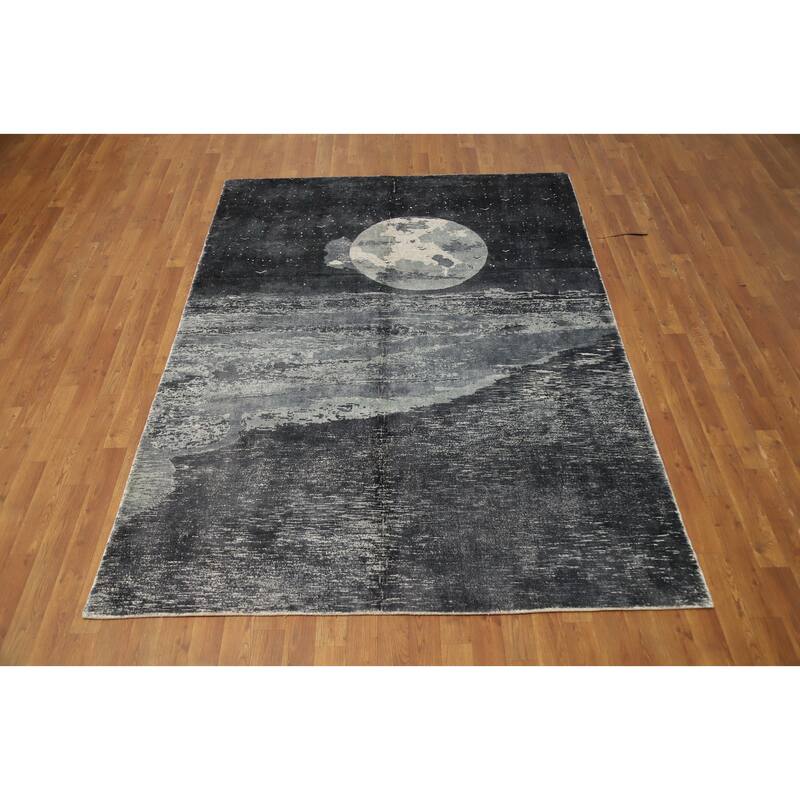 Hand Knotted Oriental Viscose Silk Carpet Modern Pictorial Greys & Charcoal Abstract Area Rug - 7' 8'' X 5' 7''