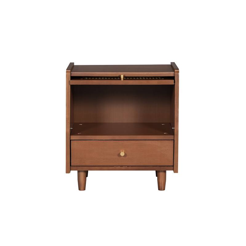 Wooden Nightstand with Flip-Top Cabinet and 1 Drawer, Bedside Tables with Rattan-Woven Storage Cabinet, for Bedroom