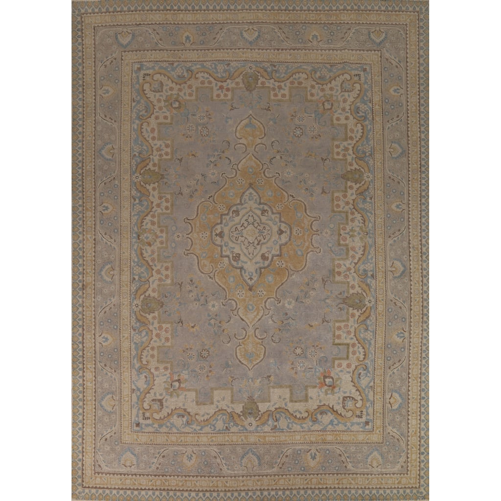 Geometric Tabriz Persian Area Rug Handmade Grey Wool Carpet - 9'3"x 12'4"