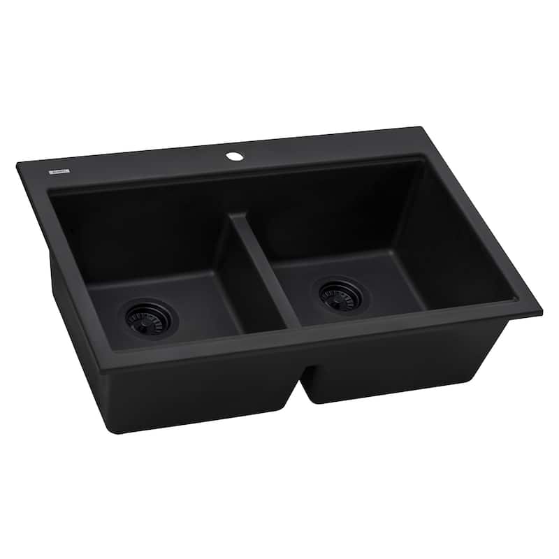 Ruvati 33 x 22 inch epiGranite Drop-in TopMount Granite Composite Double Bowl Low Divide Kitchen Sink - Midnight Black