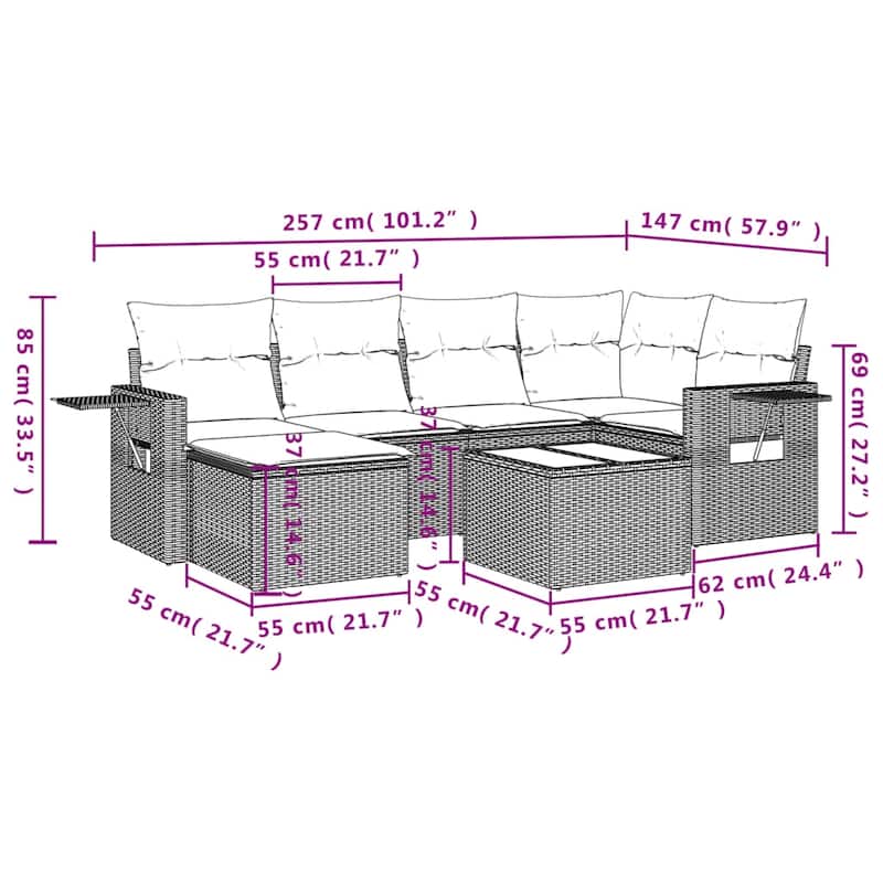 vidaXL Patio Sofa Set with Cushions Outdoor Conversation Furniture Poly Rattan - 24.4 x 24.4 x 27.2