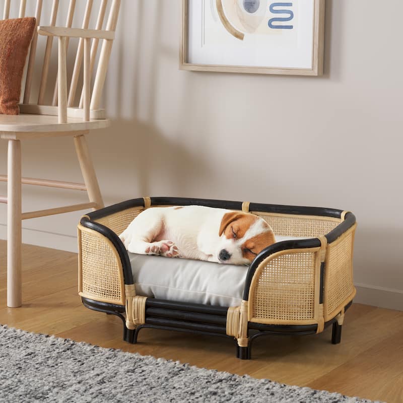 SAFAVIEH Home Timo 23.6W x 15.7D x 10.6H-inch Beige/Natural/Black Rattan Pet Bed with Cushion - 23.6"W x 15.7"D x 10.6"H