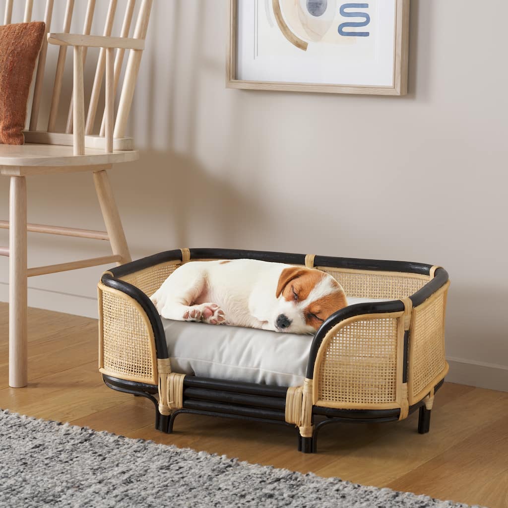 SAFAVIEH Home Timo 23.6W x 15.7D x 10.6H-inch Beige/Natural/Black Rattan Pet Bed with Cushion - 23.6"W x 15.7"D x 10.6"H