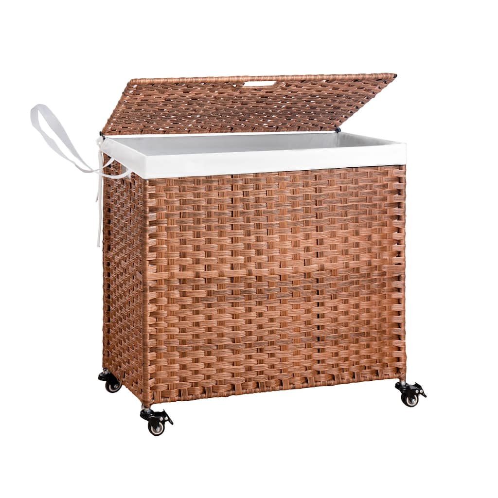 Laundry Hamper With Lid PE Rattan Powder Coating Frame Clothes Hampers with 02 Removable Bags, Wheels, 160L