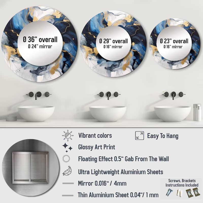 Designart "Dark Blue and Gold Strokes XII" Fractals Large Round Mirror - Modern Blue Round Bathroom Mirror