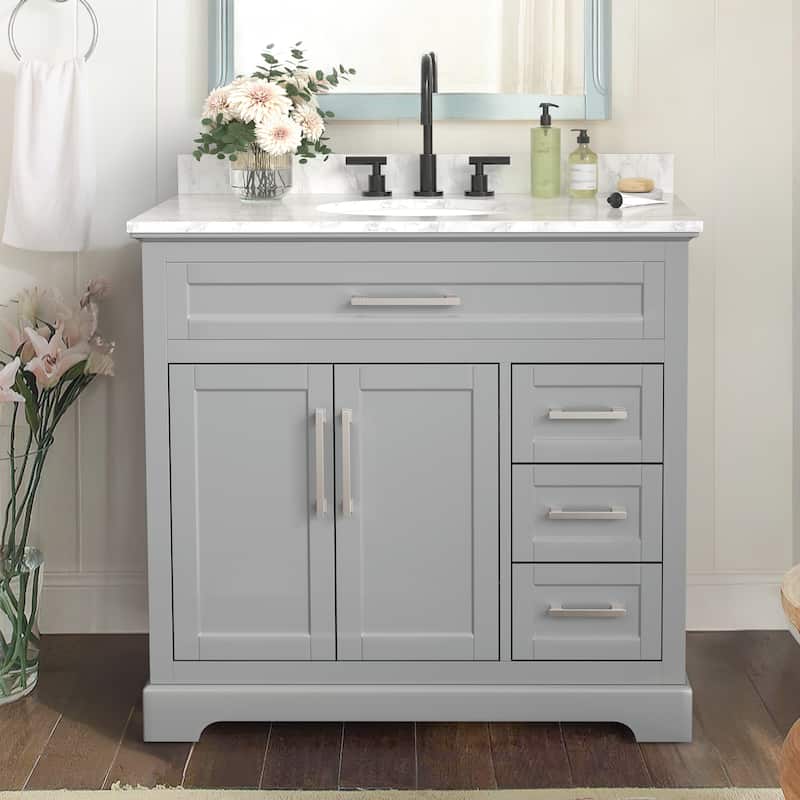 36/48/60 in. Bathroom Vanity in Wood with Ceramic Undermount Sink, Vanity with soft close Drawers - 21.5"D x 36"W x 34.8"H - Grey