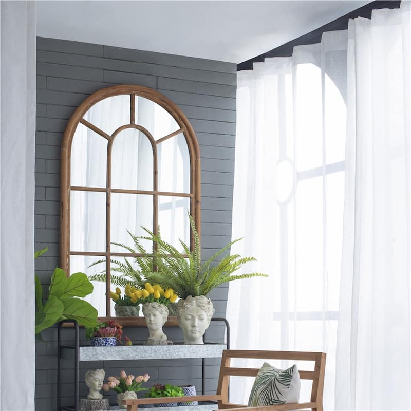 Large Arched Accent Mirror with Brown Frame w/ Decorative Window Look