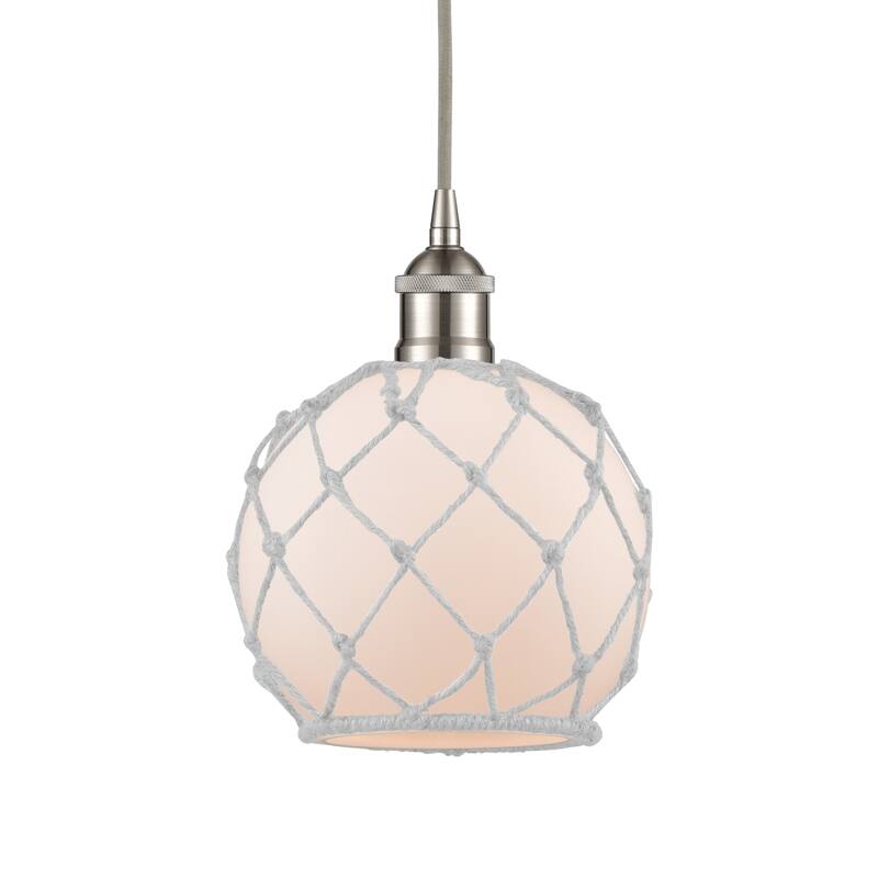 Innovations Lighting 616-1P-11-8 Farmhouse Pendant Farmhouse 8" Wide - Brushed Satin Nickel / White Glass / White Rope
