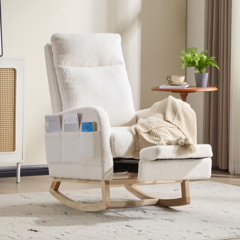 Polyester Fabric Rubber Wood Accent Rocking Chair with Side Pocket - 29.5"D x 24.8"W x 40.9"H - White