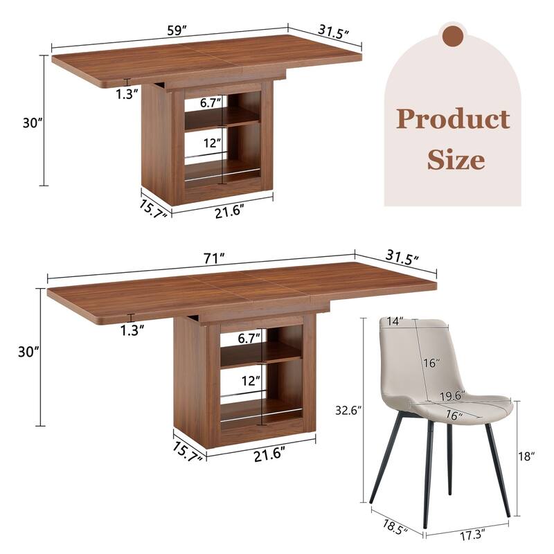 7-Piece Set, 59-71" Extendable Dining Table with PU Upholstered Dining Chairs