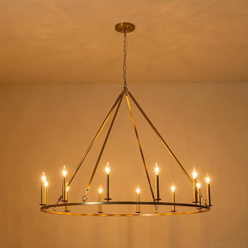 12-Light Modern Industrial Gold Candle Style Hanging Light Large Round Wagon Wheel Chandelier for Living/Dining Room