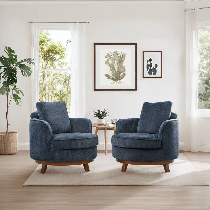 Modern Set of 2 Chenille Wooden Swivel Barrel Chair Upholstered Ergonomic Design - Steel Blue