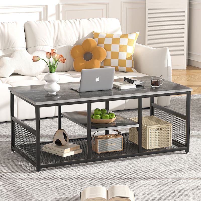 Industrial Rectangle Wood Coffee Table with Storage Shelf, Metal Frame Home Tea Table Desk