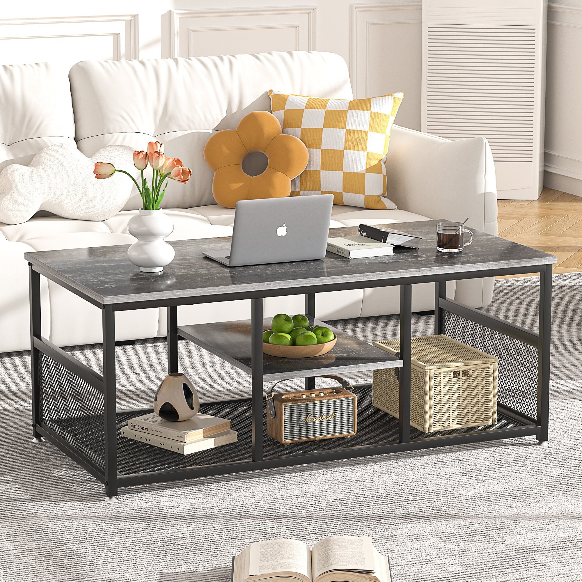 Industrial Rectangle Wood Coffee Table with Storage Shelf, Metal