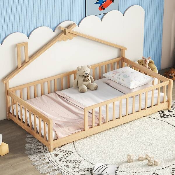 slide 2 of 11, Natural Twin Size Pine Wood House-Shaped Bed with Guardrails, No Door Natural