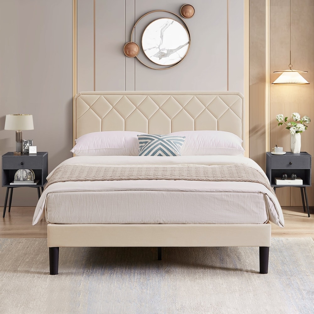 VECELO 3-Pieces Upholstered Beige Platform Bed Frame with Adjustable Headboard and Drawer Nightstands Set of 2