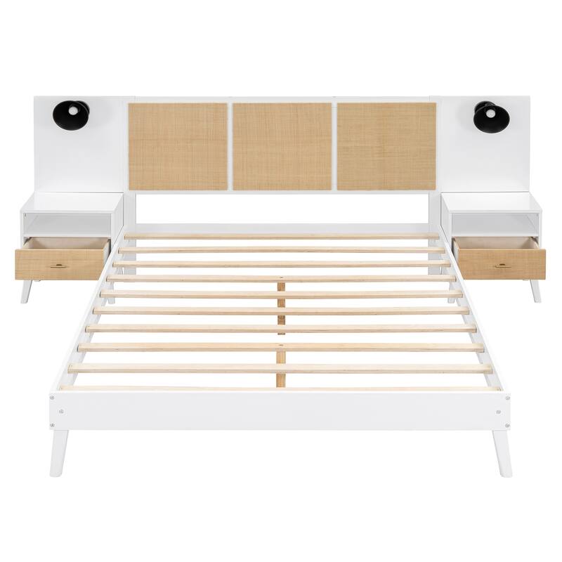 Queen Size Bed Frame, Nightstands & Headboard 3 in 1 Slats Platform Bed with Drawers and Lamps, Rattan Design for Bedroom