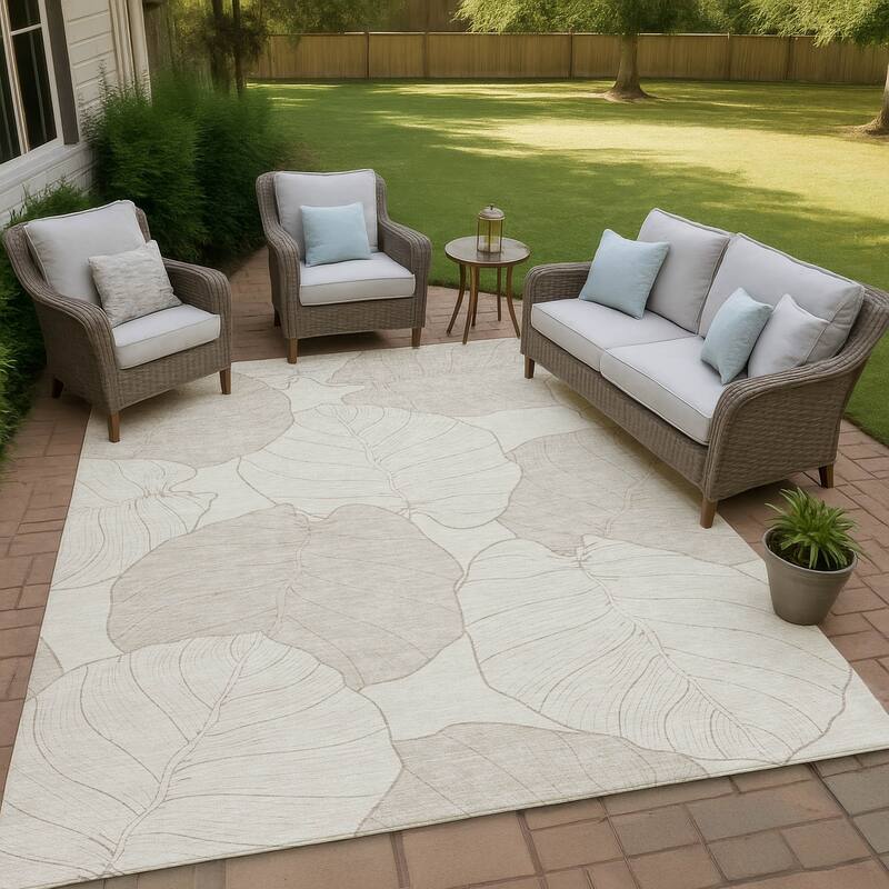 Machine Washable Indoor/ Outdoor Tropical Floral Chantille Rug - Ivory - 3' x 5'