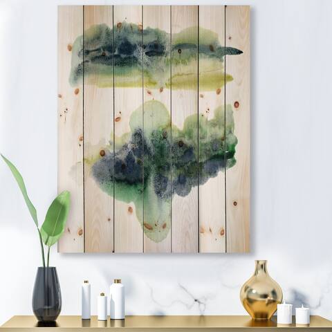 Designart 'Golden Green Abstract Clouds With Blue Points IV' Modern Print on Natural Pine Wood
