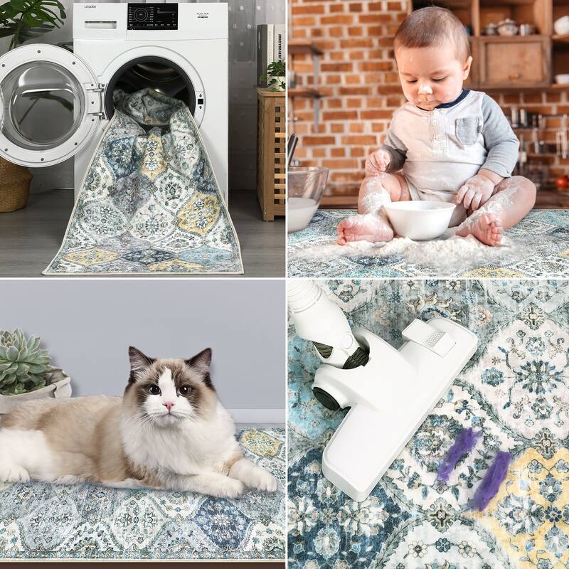 Rugs for Living Room Vintage Oriental Trellis Area Rug Soft Non Slip Low Pile Accent Rugs for Dining Room Office