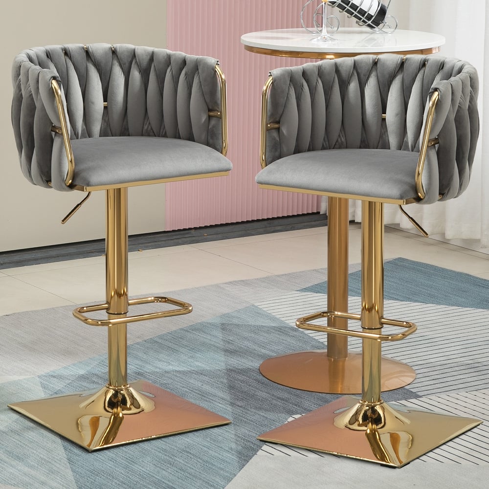 Velvet Upholstered Swivel Adjustable Height Bar Stools With Metal Footrest（set of 2）
