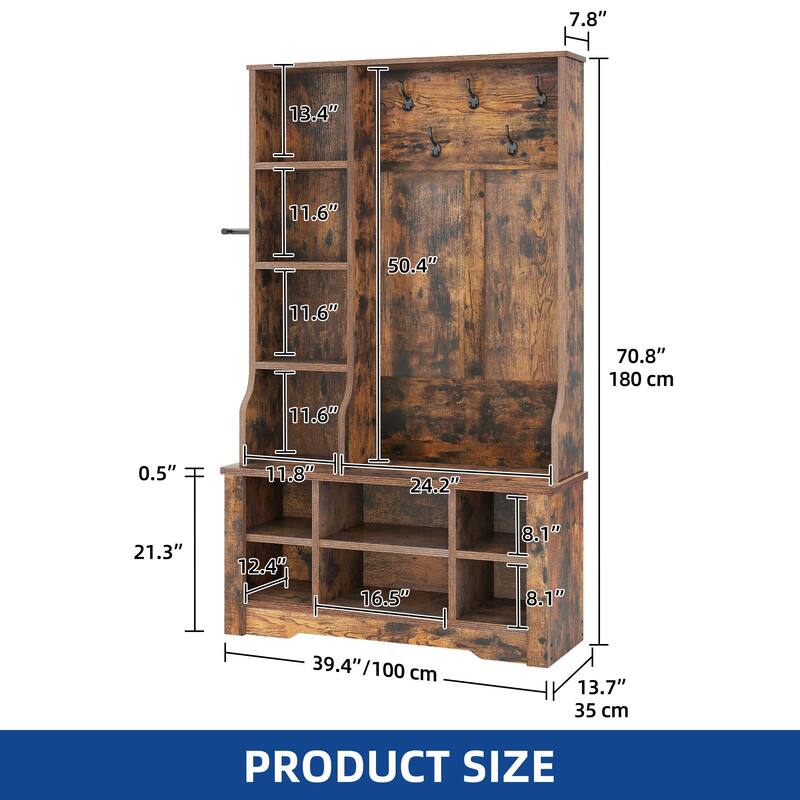 Moasis 59"/39"W Farmhouse Hall Tree Adjustable Shelf Coat Rack with Shoe Storage Bench for Entryway