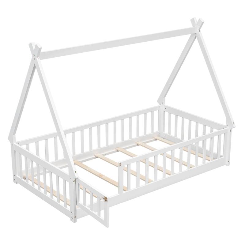 Twin Size Pine Tent-shaped Floor Bed with Guardrails & Door