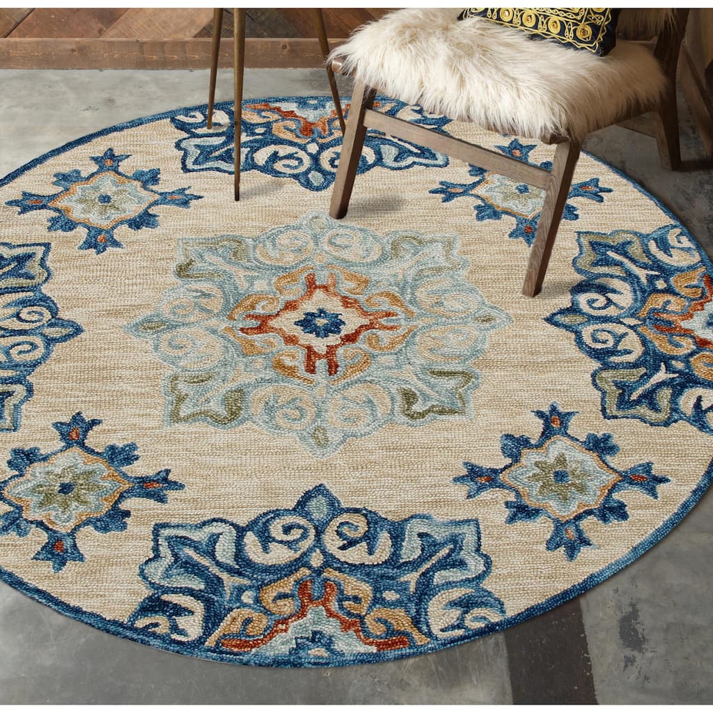 Sevita Beige/Blue Medallion Round Area Rug