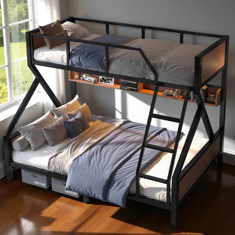Twin over Full / Twin XL over Queen Metal Bunk Bed with Storage Shelves & LED Lights, Sturdy Noise-Free Space-Saving Design