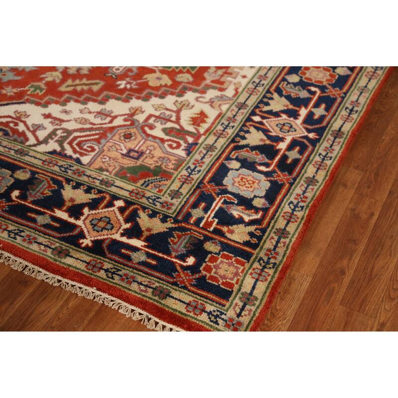 Medallion Heriz Serapi Indian Rug Hand-Knotted Oriental Wool Carpet - 7'11" x 9'9"