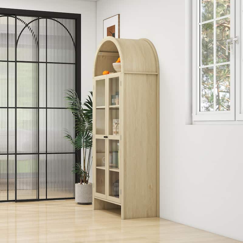 Roomfitters 70.28" Tall Arched Kitchen Pantry Cabinet, Modern Farmhouse Storage Cabinet with Glass Doors, Natural