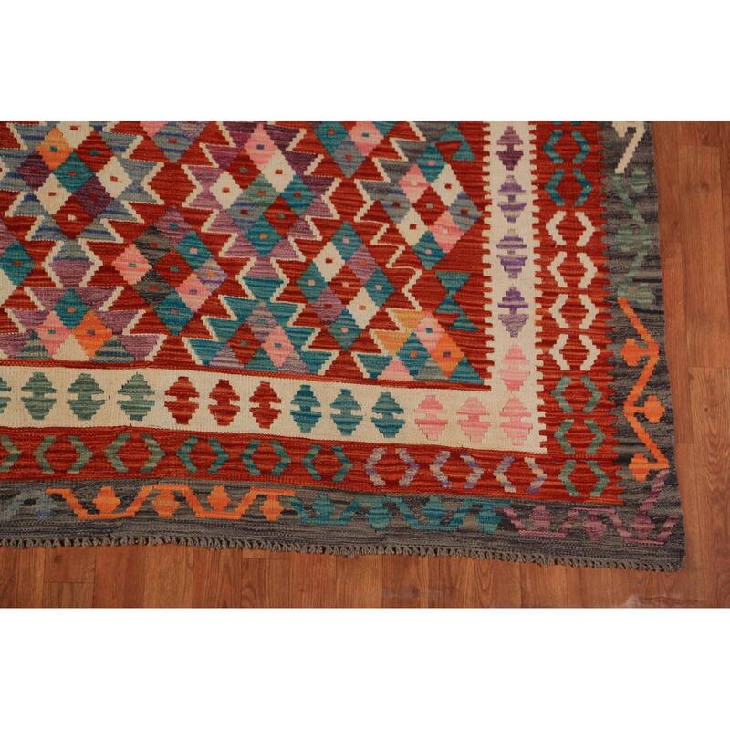 Geometric Orange Kilim Oriental Area Rug Handmade Wool Carpet - 8'5"x 11'4"