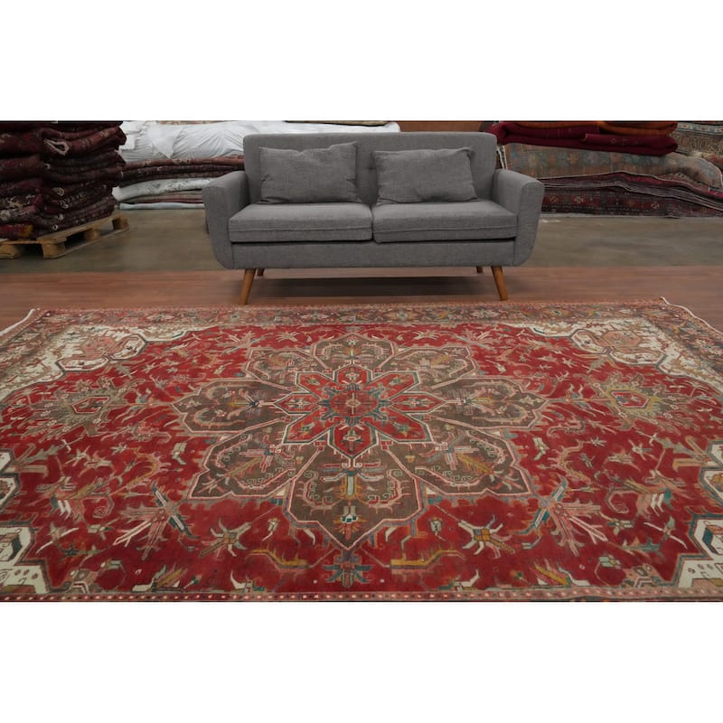 Hand Knotted Oriental 100% Wool Carpet Traditional Floral Red Heriz Area Rug - 10' 5'' X 7' 7''
