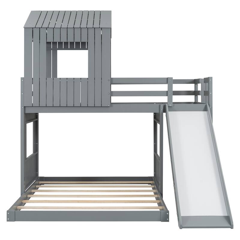 Playhouse Twin Over Full Bunk Bed with Windows and Slide, Solid Pine Wood Frame