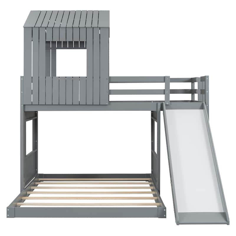 Wooden Twin Over Full Bunk Bed, Loft Bed with Playhouse, Farmhouse, Ladder, Slide and Guardrails, Gray