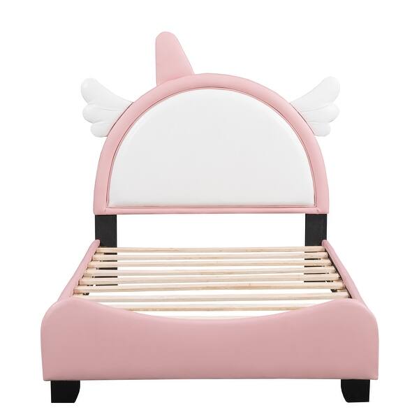 slide 2 of 10, Twin Upholstered Leather Frame Bed w/ Unicorn Shape Headboard for Kids,Pink