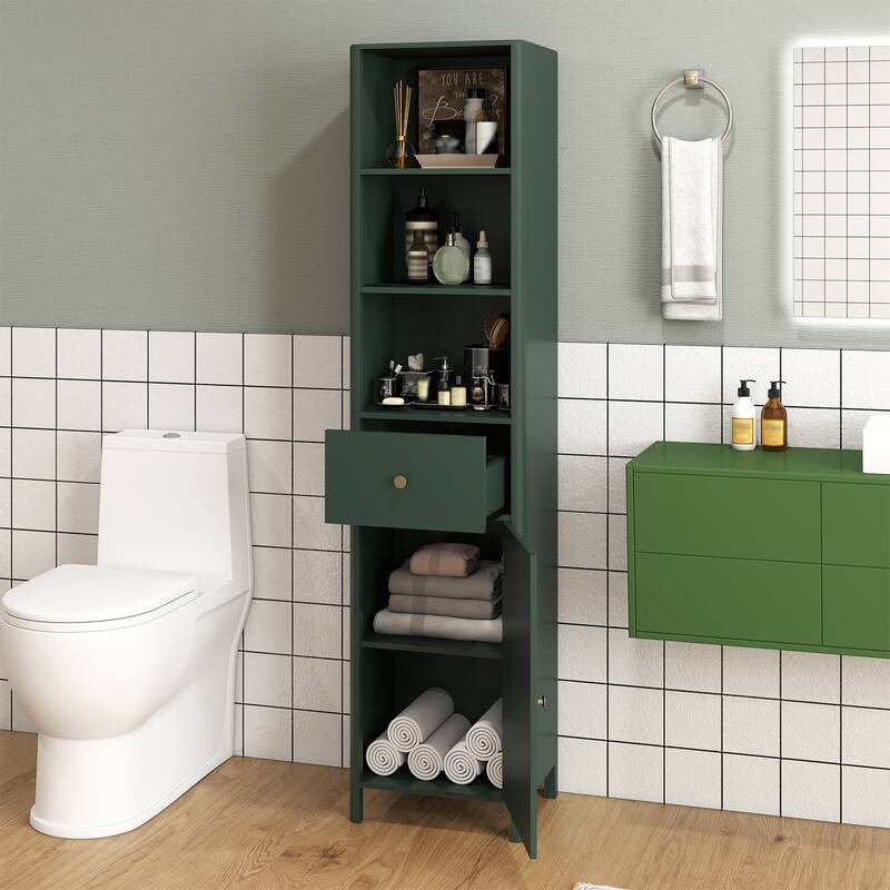 Modern Tall Bathroom Storage Cabinet with Drawer Adjustable Shelves and Wave Fluted Door Green - 16" x 12" x 67"