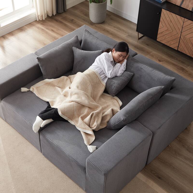 Corduroy Convertible Sectional Cloud Sofa, Foam-Filled Compressed Boneless Sofa, Modular L Shaped Floor 4 Seat Sofa