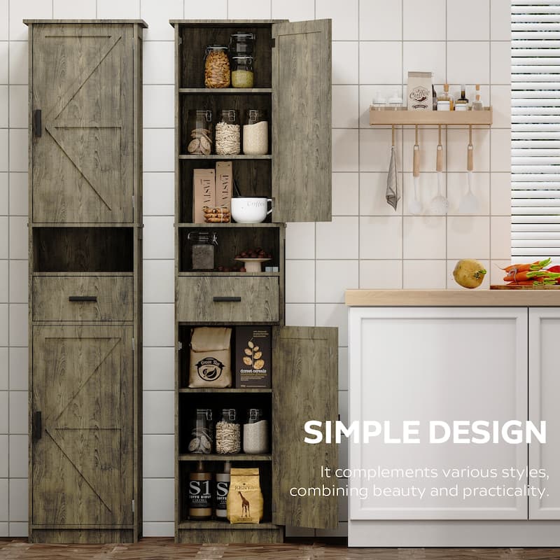69"H Tall Bathroom Cabinet with Adjustable Shelves, 2 Barn Doors & 1 Drawer