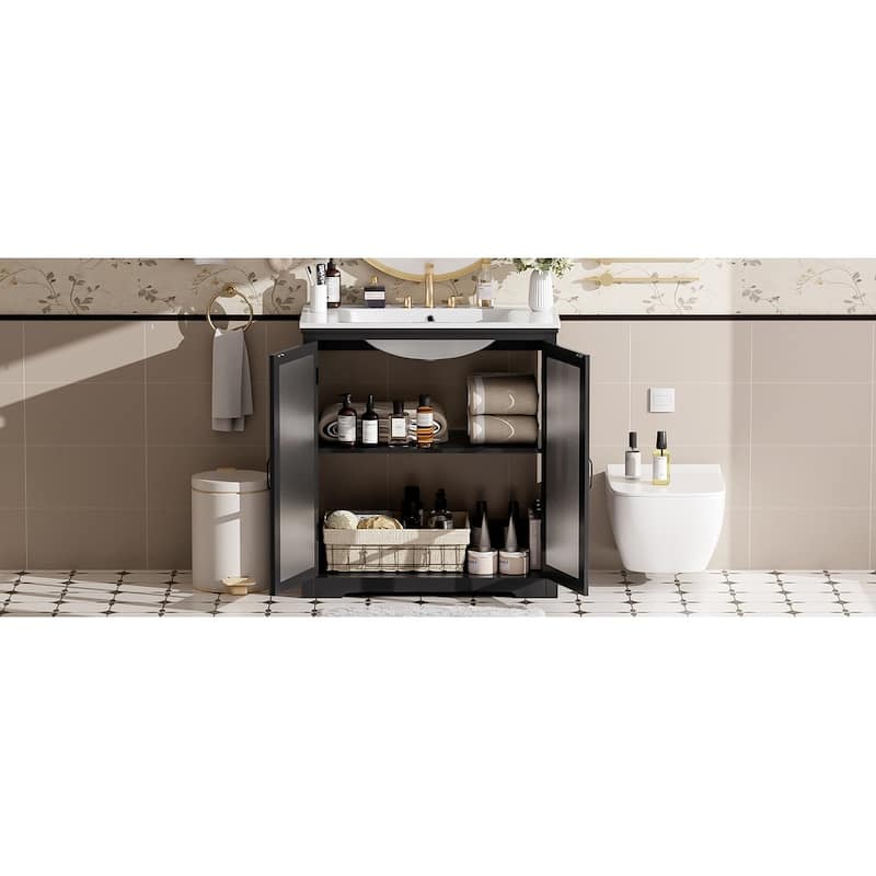 30"Bathroom Vanity with Ceramic Sink, Tempered Blurred Glass and Matte Black Handles, Large Storage Space and Rubber Wood Frame