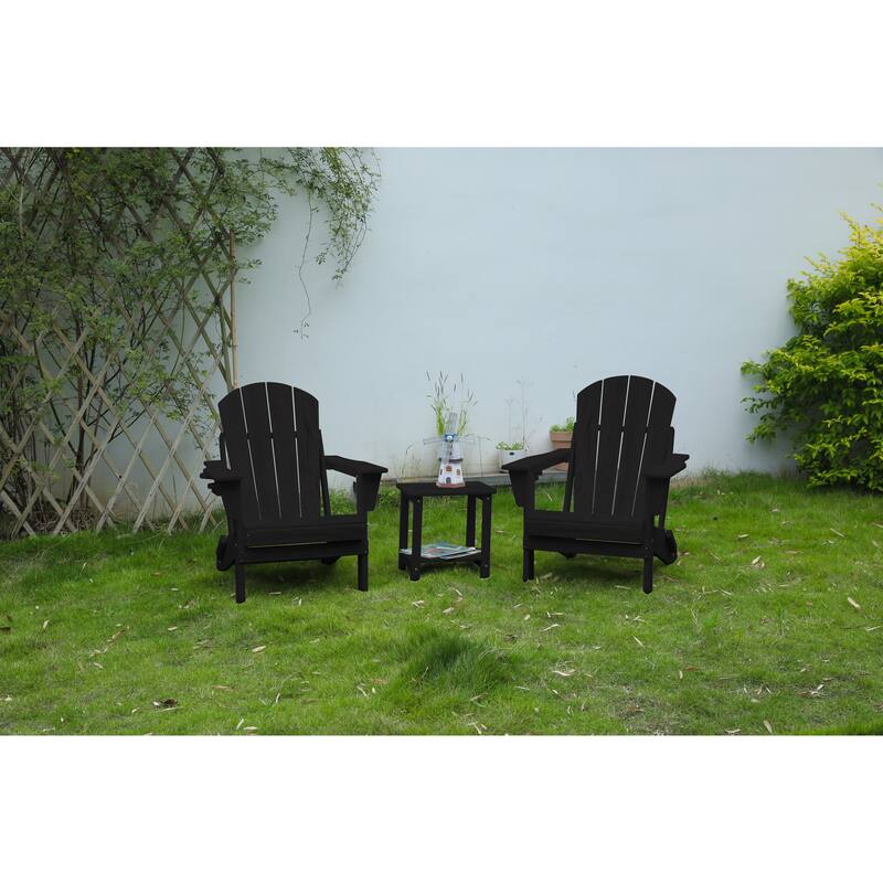 Adirondack Chair Set with Side Table, Folding Adirondack Chairs with Cup Holder, Outdoor Lounge Chairs, 3-Piece - Black