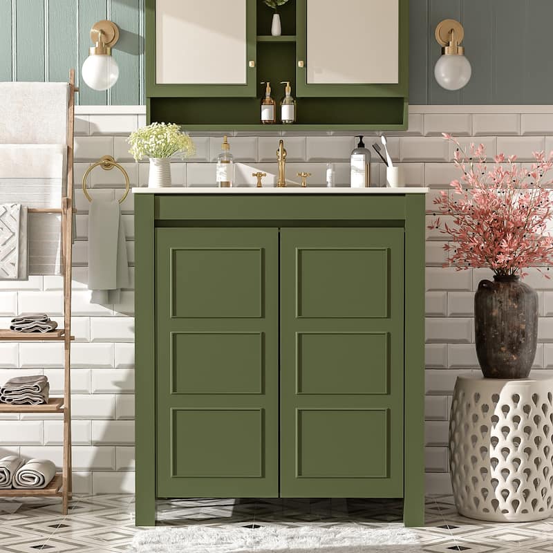 30-Inch Farmhouse-Style Bathroom Vanity with Ceramic Basin, Soft-Close Door, Customizable Shelf & Olive Green Storage Cabinet‌