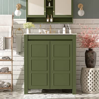 Roomfitters 30" Farmhouse Bathroom Vanity with Ceramic Sink, Soft-Close Door, Adjustable Shelf, Modern Wood Frame
