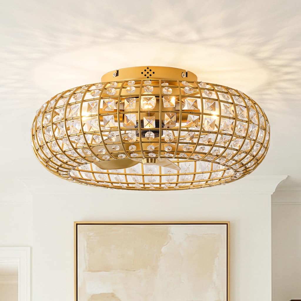 20" Modern Gold Caged 4-Light Crystal Low-Profile Flush Mount Ceiling Fan with Remote