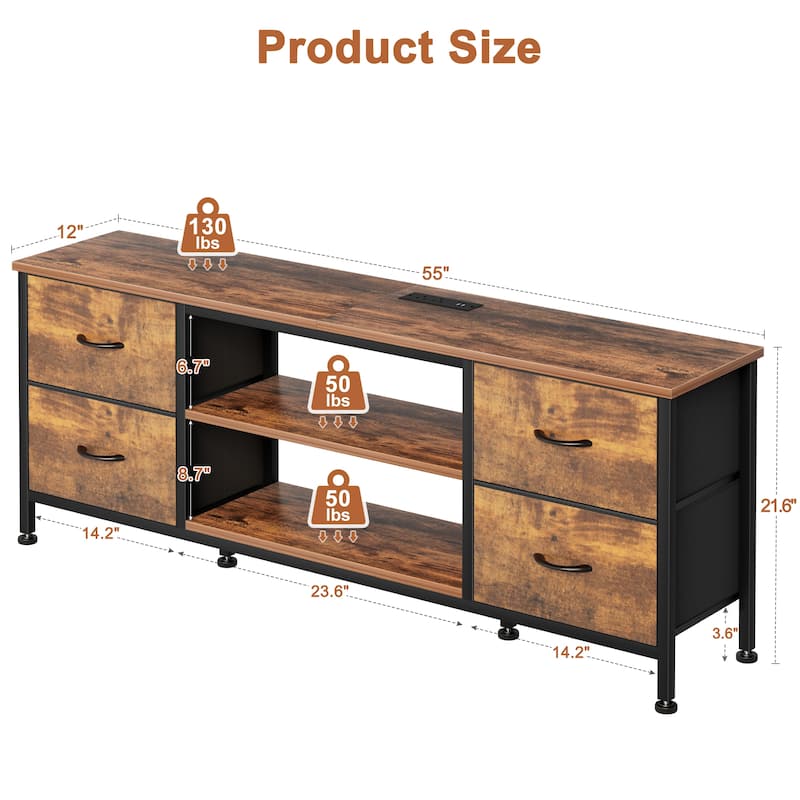 Dresser TV Stand with Power Outlet 4 Fabric Drawers for 60" TV Bedroom