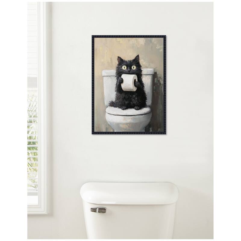 Kate and Laurel Sylvie Funny Black Cat Toilet Paper Roll Toilet Bathroom Art Framed Canvas by The Creative Bunch Studio