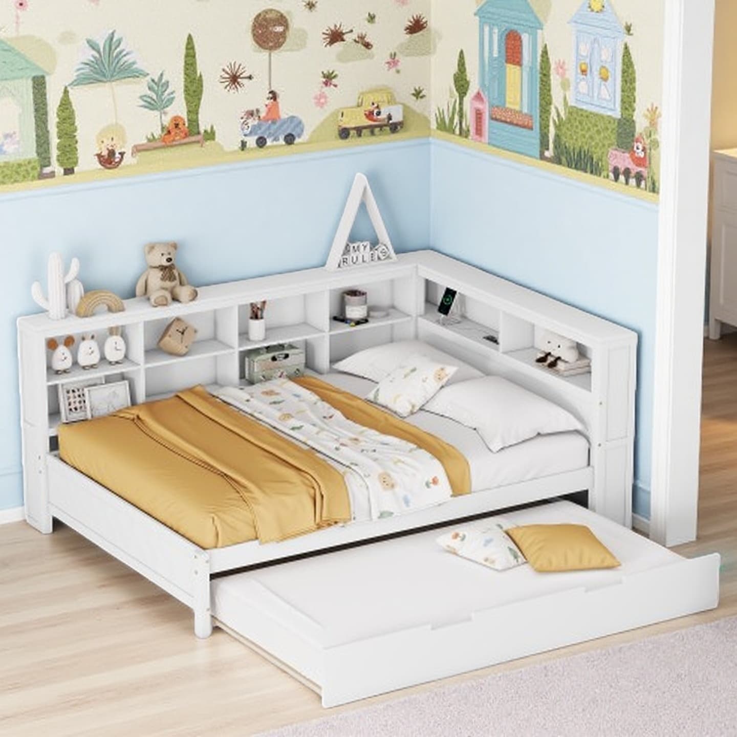 Twin Size Wooden DayBed with Pull-Out Trundle, Storage Shelves, and USB Charging Station, Pine Wood Frame