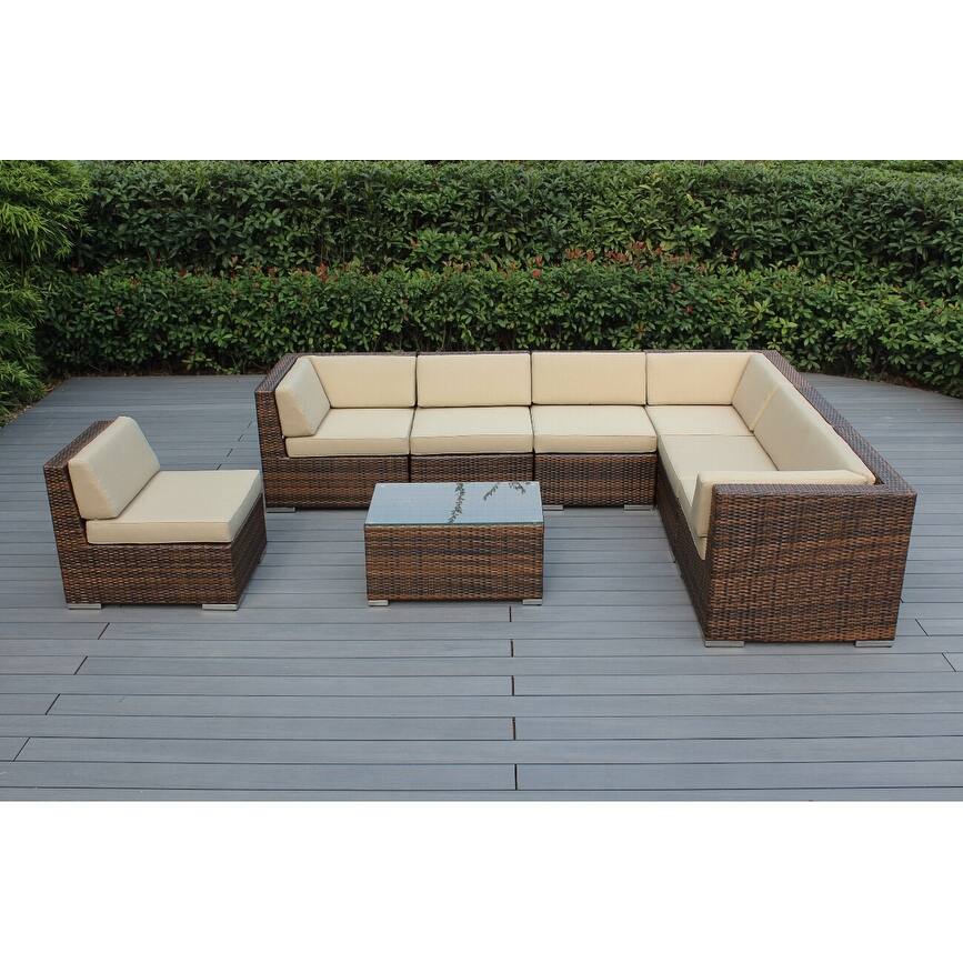 Ohana Outdoor Patio 8 Piece Mixed Brown Wicker Sectional with Cushions - No Assembly